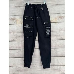 Maniere De Voir Cargo Chain Jogger Pants Womens 4 Black Zippers Clasps